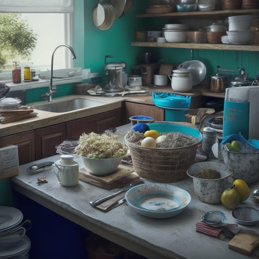 A cluttered kitchen with dirty dishes piled high in the sink, utensils scattered across countertops, and a messy island with open recipe books and overflowing junk drawers in the background.