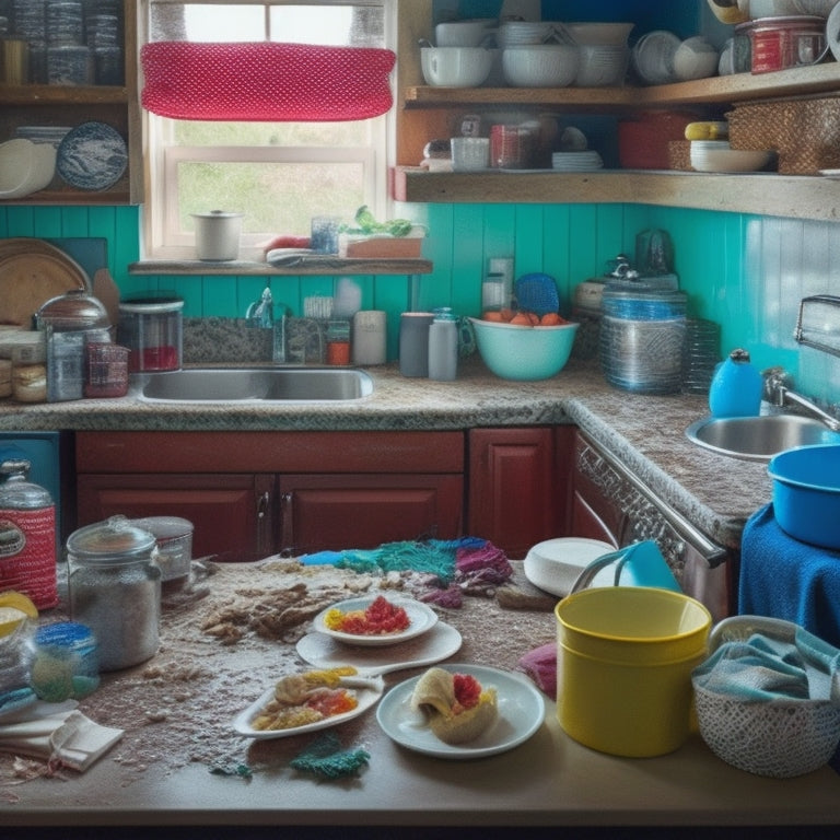 A cluttered kitchen with piles of dirty dishes, overflowing countertops, and a sink filled with soap suds, surrounded by scattered recipe books, utensils, and expired food items.