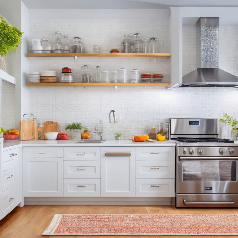 A bright, modern kitchen with sleek countertops, white cabinets, and stainless steel appliances, featuring 7 creative storage solutions, including a pegboard, spice rack, and utensil organizers.