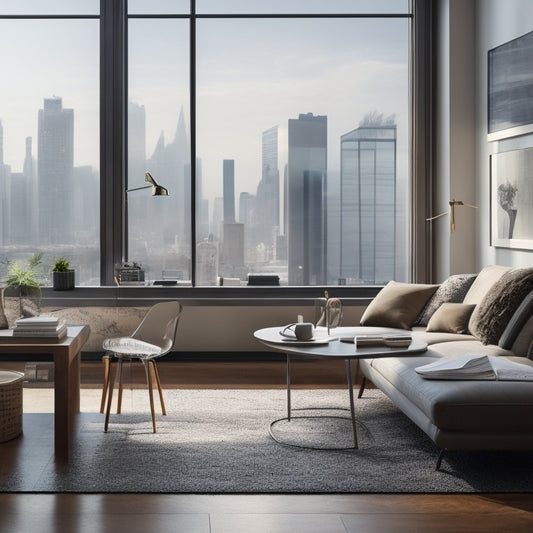 A modern, minimalist living room with a large window, a sleek coffee table, and a laptop open to a floor plan, surrounded by scattered papers and a cup of coffee, with a cityscape in the background.