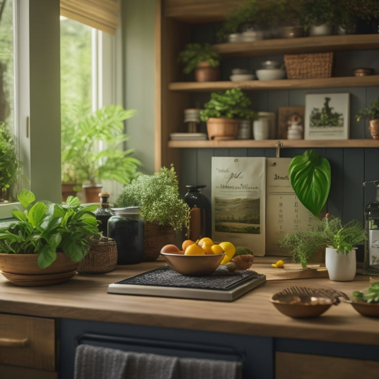 A warm, well-lit kitchen with a tidy island, a tablet mounted on the wall displaying a digital calendar, and a few cookbooks organized on a wooden shelf, surrounded by lush green plants.