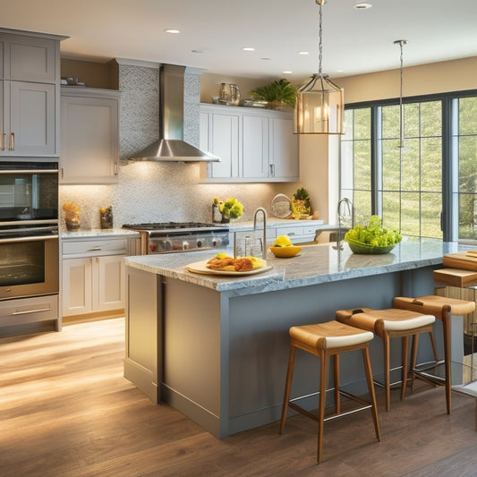 A bright, modern kitchen with sleek countertops, stainless steel appliances, and a large island with built-in storage, surrounded by a few utensils and cookbooks, with a subtle warm lighting effect.