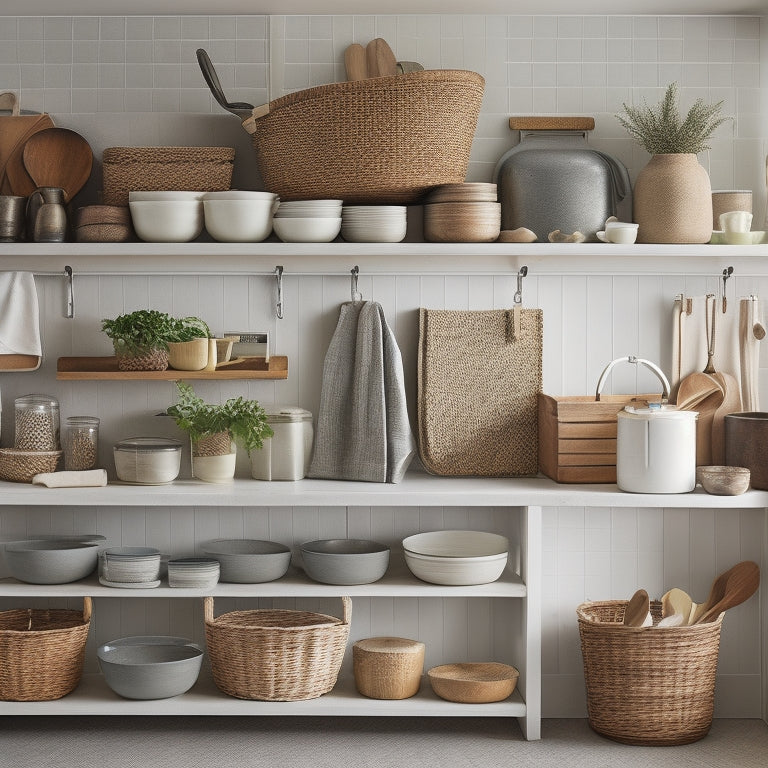 A well-organized kitchen with adjustable shelves, wicker baskets, and a mix of open and closed storage, showcasing a utensil organizer, cookbooks, and decorative ceramics on a light wood background.