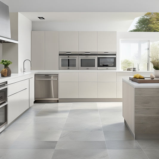 A sleek, modern kitchen with Daltile's surfaces: large-format porcelain tiles in a light gray tone on the floor and backsplash, paired with a quartz countertop and stainless steel appliances.