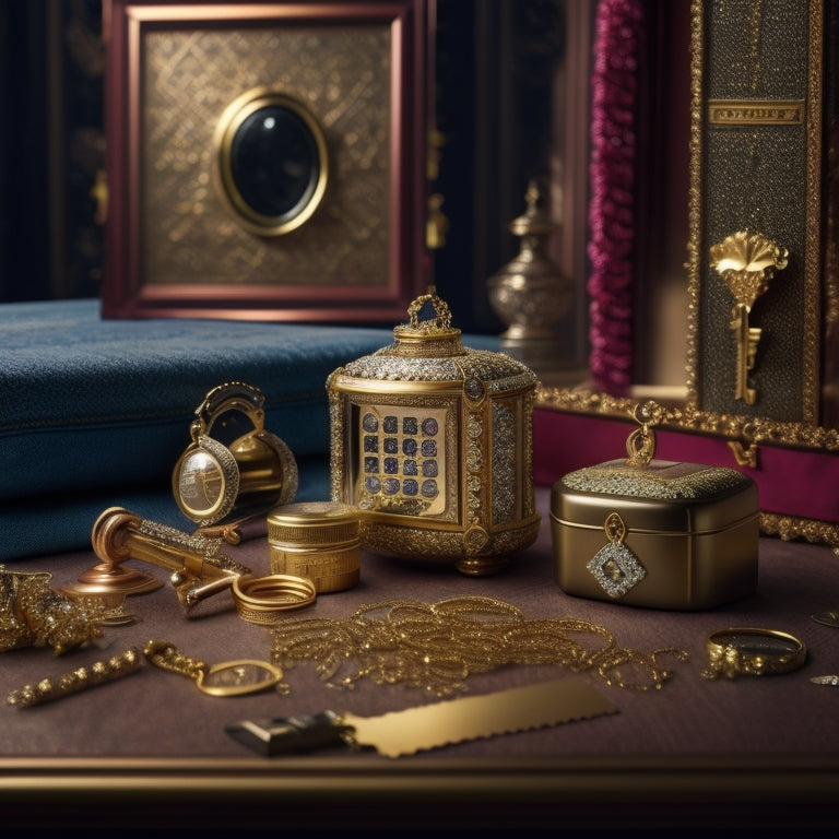 A luxurious, gold-framed key unlocking a treasure chest overflowing with sparkling jewels, surrounded by premium media assets like high-end cameras and editing software icons.