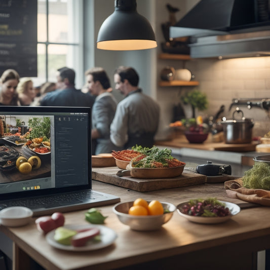A bustling kitchen with a laptop open on the counter, surrounded by utensils and ingredients, with a blurred-out chef in the background, focusing on a screen with a productivity dashboard.