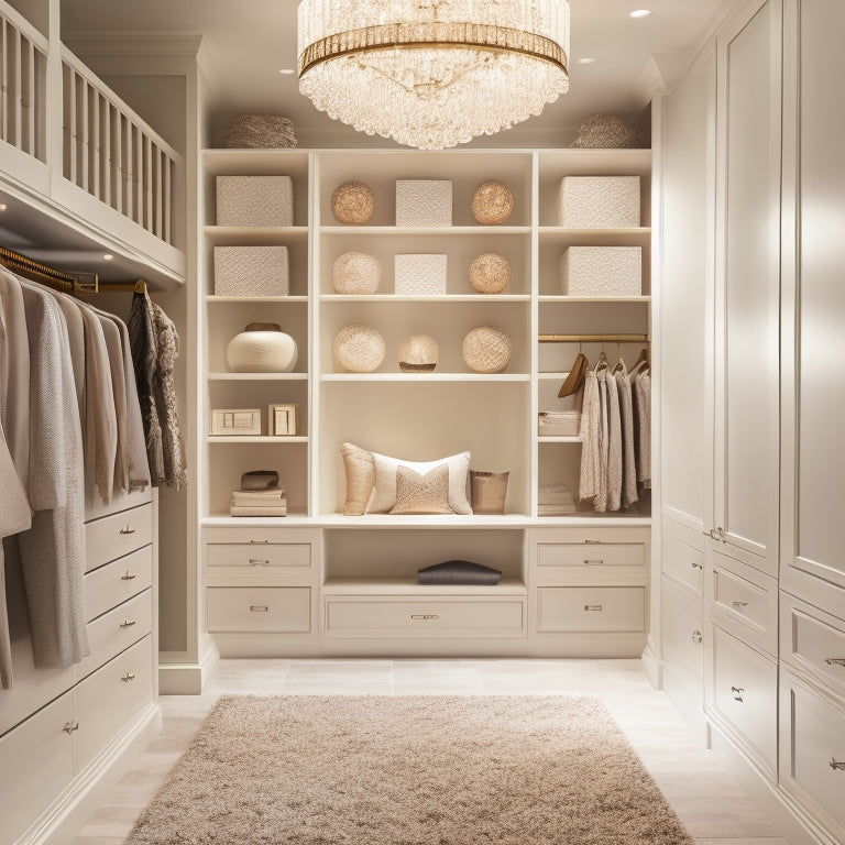 A serene, modern closet interior with cream-colored shelves, soft-close drawers, and a built-in bench, illuminated by a stylish chandelier, surrounded by calming beige walls and plush carpeting.