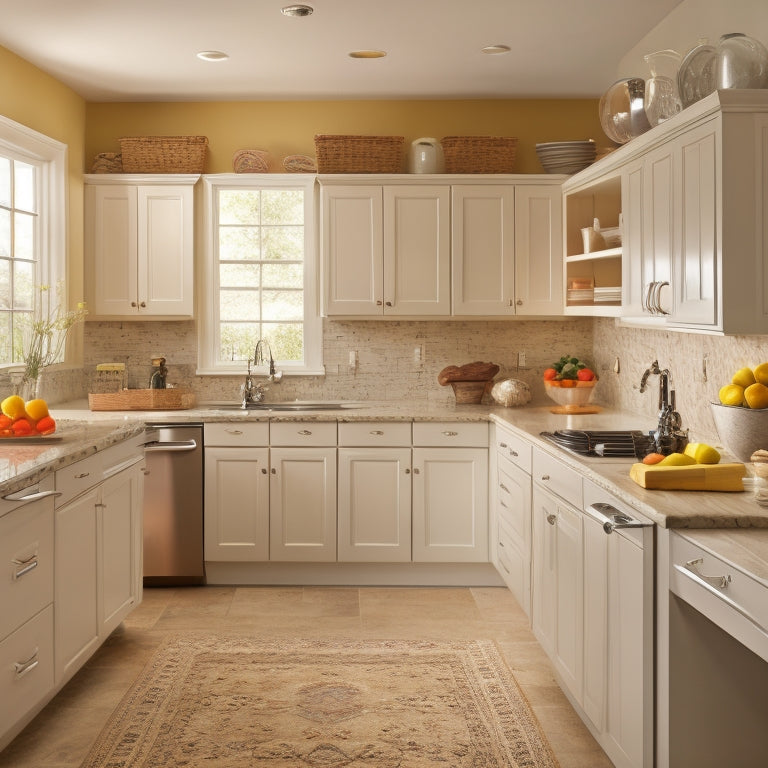 A warm and inviting kitchen with a mix of open and closed storage, including pull-out shelves, lazy susans, and adjustable cabinetry, showcasing accessible organization solutions for people of all abilities.