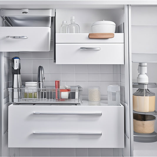 A clutter-free under-sink area with a sleek, silver organizer system featuring two adjustable shelves, a slide-out drawer, and a chrome faucet, set against a clean, white background.