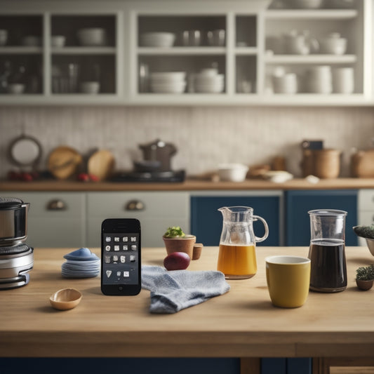 A tidy kitchen counter with a few, carefully arranged, kitchen utensils and a smartphone displaying a decluttering app, surrounded by faint, blurred images of cluttered kitchen spaces in the background.