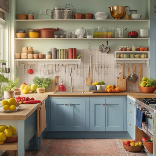 A tidy kitchen with organized cabinets, a pegboard with utensils, and a countertop with a binder containing template pages and a shopping list, surrounded by fresh fruits and vegetables.