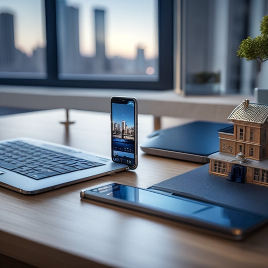 A sleek, modern key resting on a polished wooden desk, surrounded by a miniature 3D model of a house, a smartphone, and a sleek, silver laptop, with a blurred cityscape in the background.