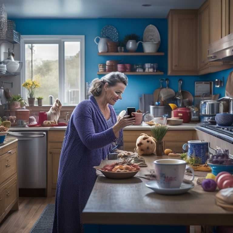 A warm, cluttered kitchen with a frazzled mom in the background, surrounded by toys and dishes, while a tidy tablet or smartphone on the counter displays a meal planning app, with a steaming cup of coffee nearby.