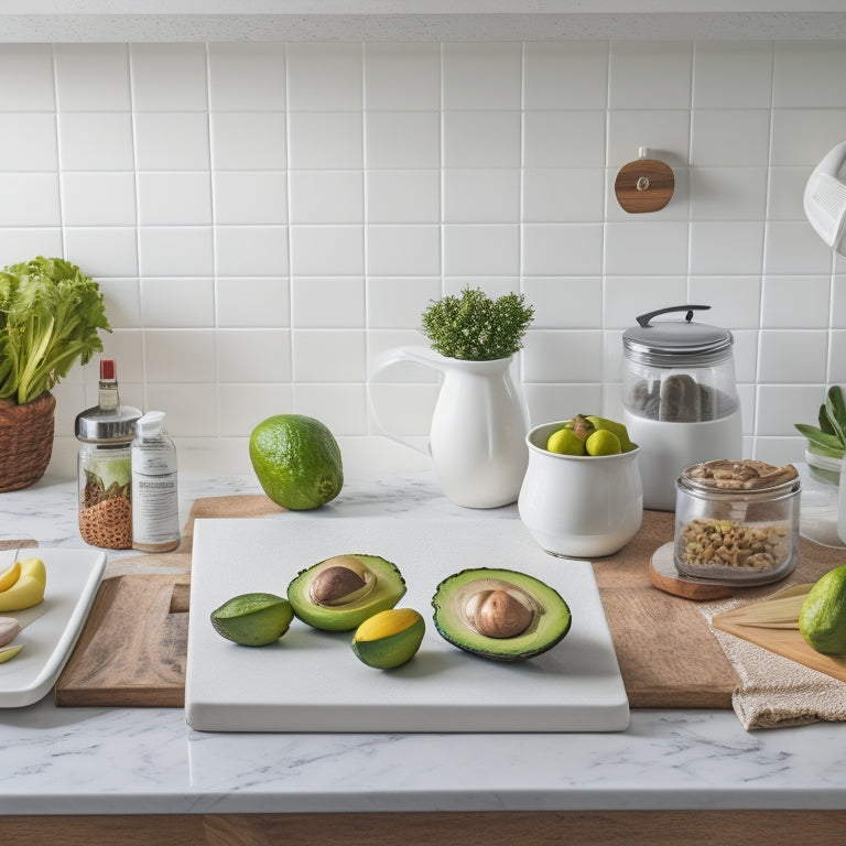 A tidy kitchen with a clean, white quartz countertop, a few sleek appliances, and a large, wooden cutting board in the center, topped with a small, organized meal planning notebook and a single, ripe avocado.