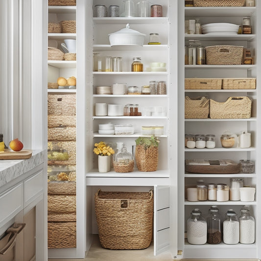 A beautifully styled pantry with sleek white shelves, wicker baskets, and clear glass jars, showcasing a rainbow of ingredients, cookbooks, and utensils, illuminated by soft, warm lighting.