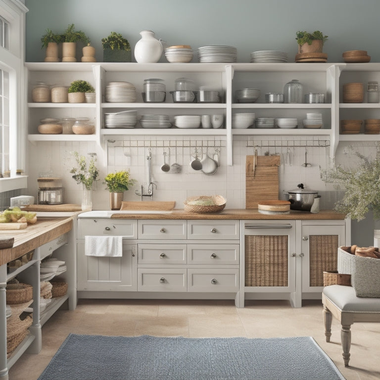 A serene, well-organized kitchen with a mix of open and closed storage, featuring a wooden island with built-in drawers, a pegboard with hanging utensils, and a set of matching canisters on a countertop.