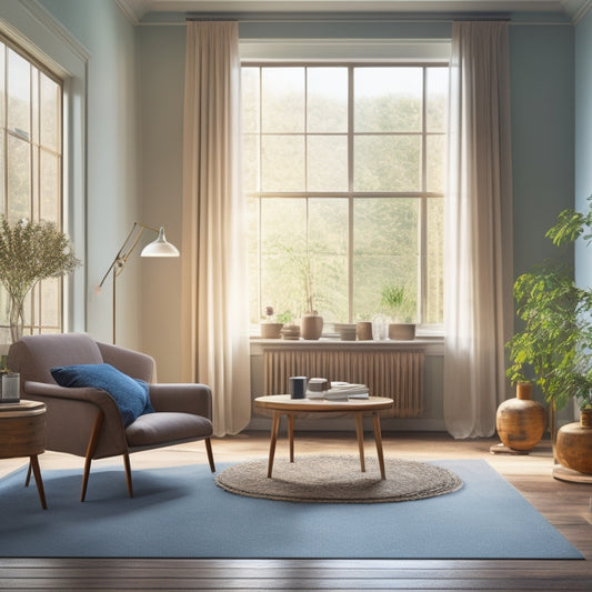 A serene living room with a few scattered renovation materials, a rolled-up blueprint, and a single chair surrounded by empty space, illuminated by a large window with natural light pouring in.