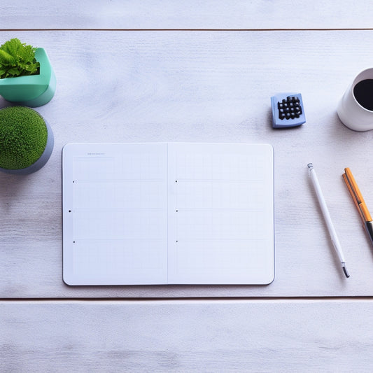 A minimalist desk setup featuring a white, rectangular magnetic weekly planner with colorful magnets and a silver pen lying next to it, on a light-wooden background with subtle shadows.
