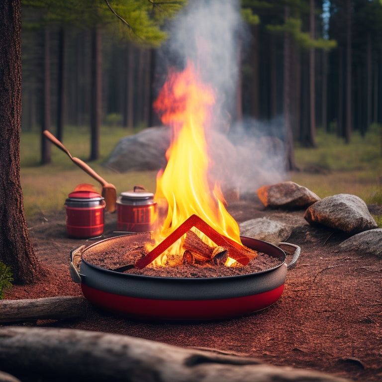 A camping scene with a MSR camping pot in the center, surrounded by flames, with a red "X" symbol overlaid on top, and a subtle background of a forest with a faint warning triangle in the distance.