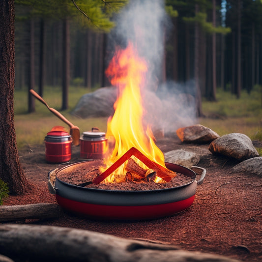 A camping scene with a MSR camping pot in the center, surrounded by flames, with a red "X" symbol overlaid on top, and a subtle background of a forest with a faint warning triangle in the distance.