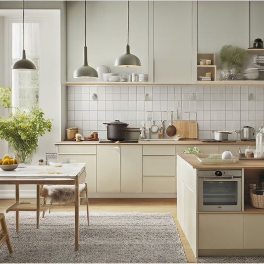 A cluttered kitchen with open cabinets, messy countertops, and a tangled web of cords, contrasting with a sleek, minimalist kitchen island in the background, with clean lines and ample negative space.