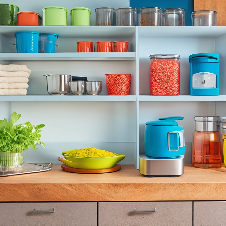 A bright, modern kitchen with sleek countertops, showcasing a variety of innovative organizers: a pull-out spice rack, a tiered utensil holder, and a retractable pot lid storage system.