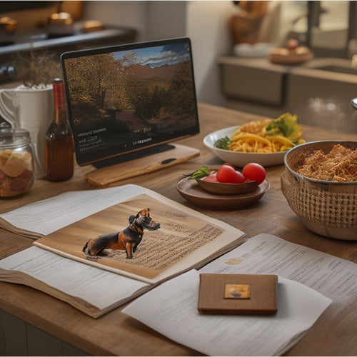 A cluttered kitchen counter with scattered recipe cards, torn paper scraps, and a few dog-eared cookbooks, next to a sleek laptop with a tidy digital recipe organization interface on the screen.