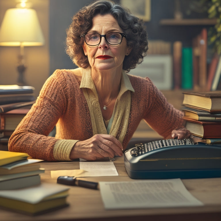 A warm, golden-lit illustration of a woman in her 40s, with short, curly brown hair and glasses, sitting at a wooden desk, surrounded by stacked books and papers, with a vintage typewriter in the center.