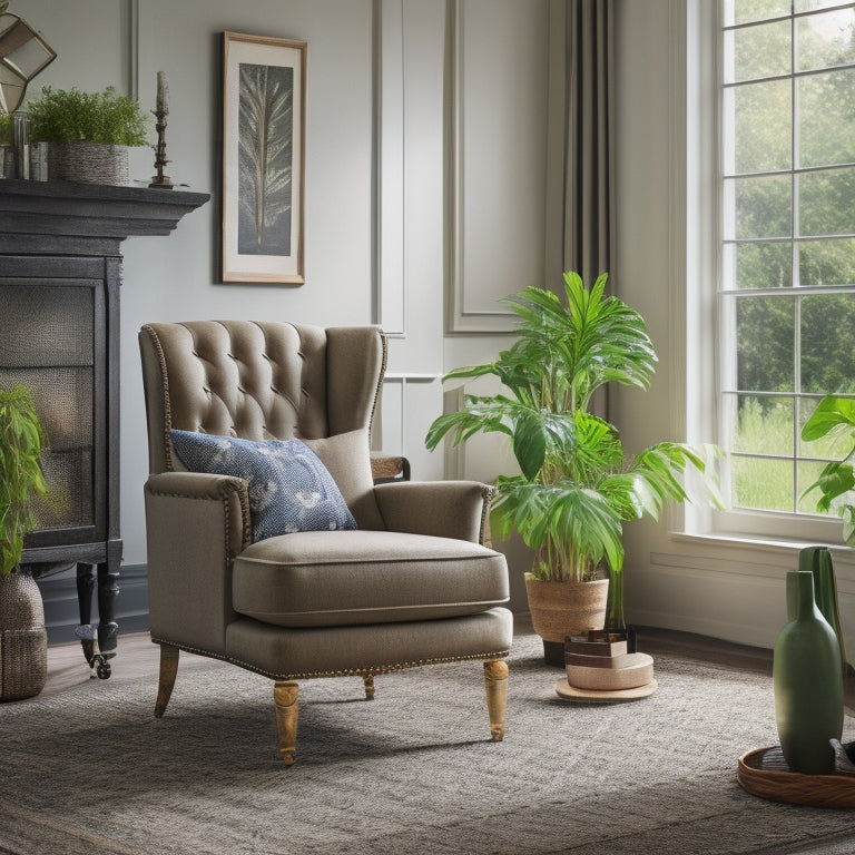 A serene, well-lit living room with a refurbished vintage armchair, a natural fiber rug, and a statement light fixture, surrounded by lush greenery and a few carefully placed decorative accents.