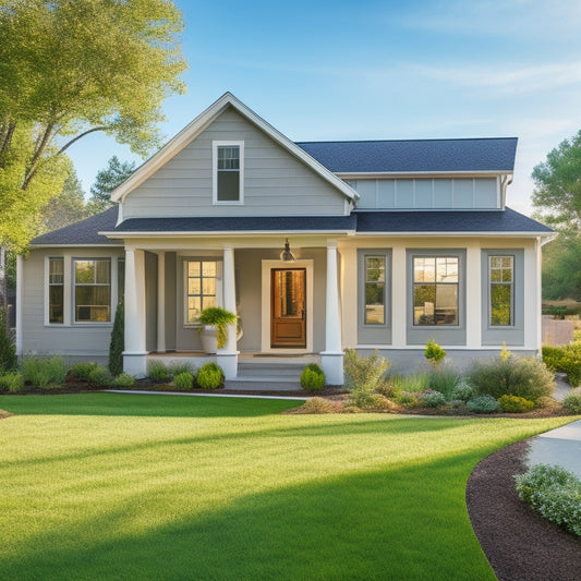 A serene, sunlit, modern home exterior with a neutral color palette, featuring large windows, a welcoming porch, and a lush green lawn, with a subtle hint of a backyard patio.