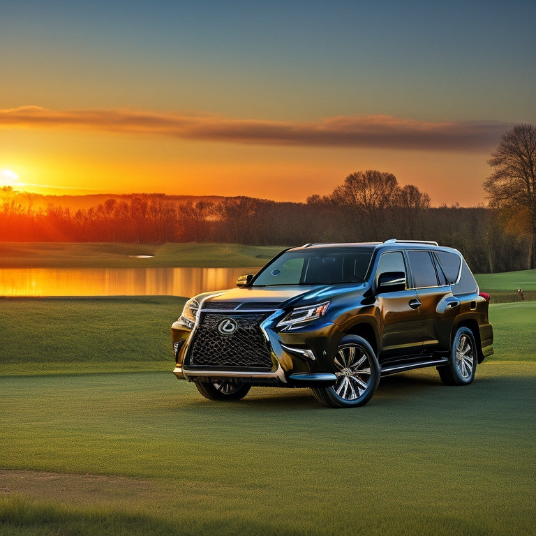 A sleek, black Lexus GX 460 parked on a luxurious, velvety-green golf course, with a subtle, golden sunset casting a warm glow on its polished chrome accents and 20-inch alloy wheels.