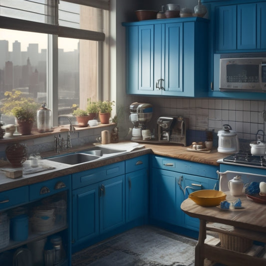 A kitchen with torn-out cabinets, exposed wiring, and a single, gleaming new appliance, surrounded by scattered blueprints, calculators, and coffee cups, with a cityscape outside the window.