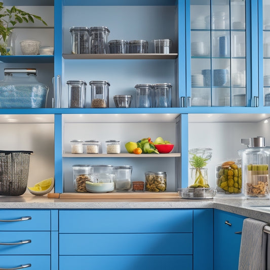 A bright, modern kitchen with a stainless steel island, featuring a mix of glass and BPA-free containers in various sizes, stacked and organized on open shelves and in drawers.