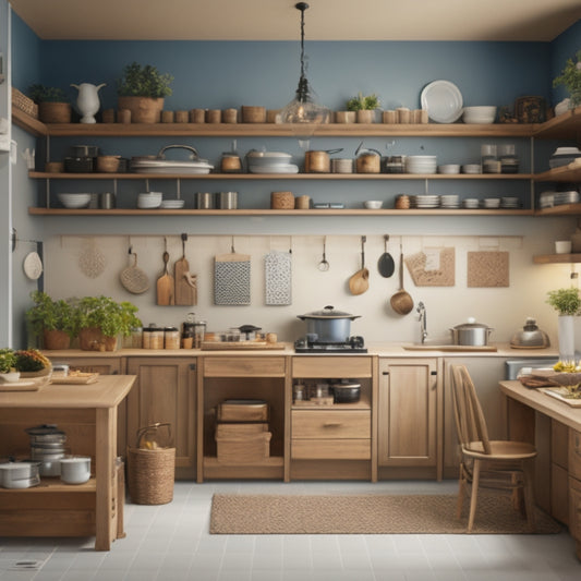 An illustration of a kitchen store's interior, with a large wooden table in the center, surrounded by shelves stocked with cookware and utensils, and a blueprint or architectural plan pinned to a corkboard on the wall.