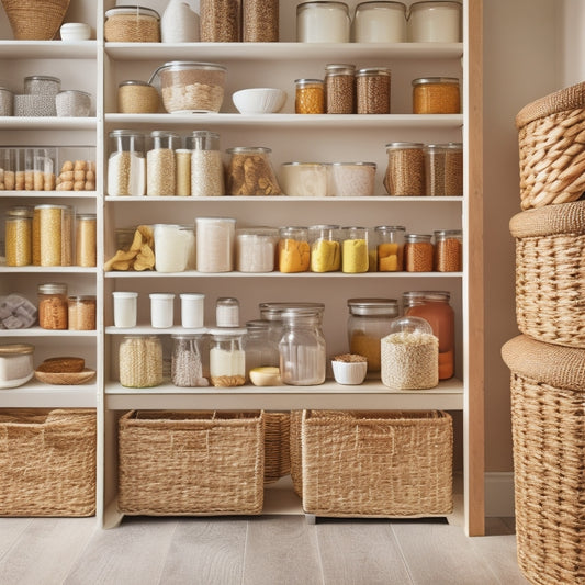 A tidy pantry with adjustable shelves, woven baskets, and clear glass jars containing neatly stacked food items, surrounded by a warm and calming beige background.