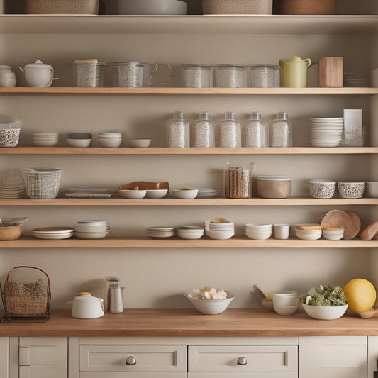 A tidy kitchen cabinet with soft, warm lighting, featuring three rows of plate storage inserts: adjustable dividers, a stackable plate rack, and a utensil organizer with a few plates and bowls arranged neatly.