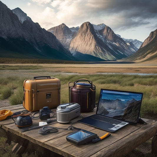 A scenic outdoor setting with a portable power station in the center, surrounded by a laptop, smartphone, and camping gear, with a mountain range in the background.