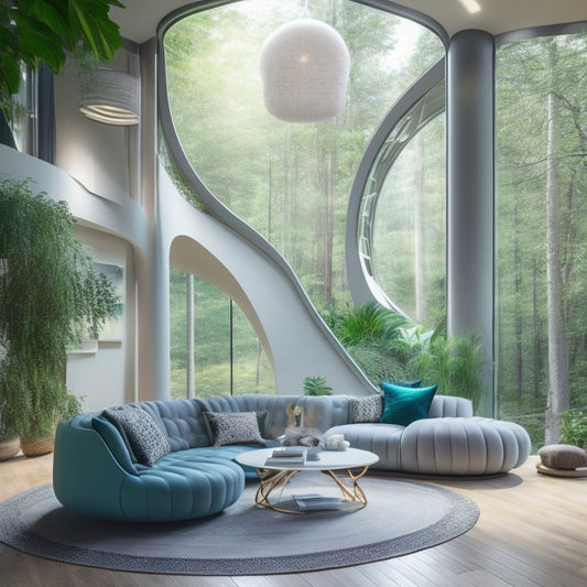 A futuristic living room with sleek, 3D-printed furniture, including a spiral staircase, a curvaceous sofa, and a geometric-patterned chandelier, surrounded by lush greenery and soft, warm lighting.