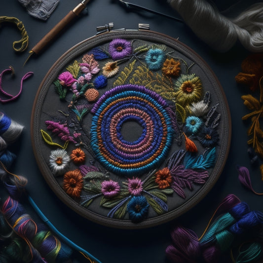 A colorful, modern embroidery hoop with a glowing digital screen in the center, surrounded by vibrant threads, needles, and fabric scraps, set against a sleek, dark gray background.