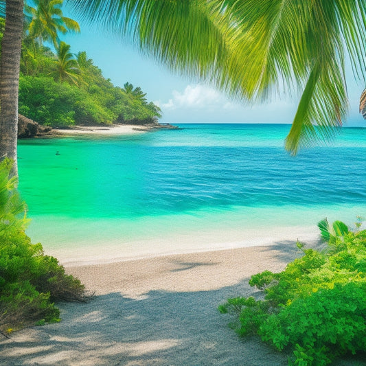 A serene tropical island beach scene with a subtle layer of trash hidden among the lush greenery, palm trees, and colorful flowers, contrasting with the crystal-clear turquoise ocean waves.