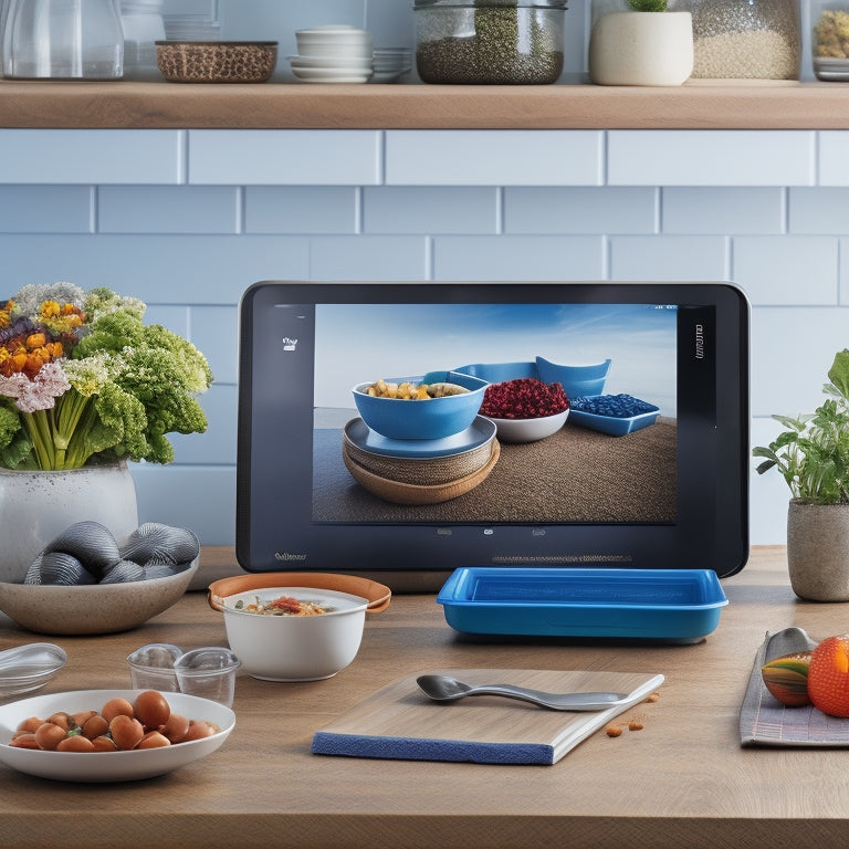 A tidy kitchen countertop with a tablet displaying a digital recipe e-book, surrounded by colorful ingredients, a mixing bowl, and a few neatly portioned meal prep containers in the background.