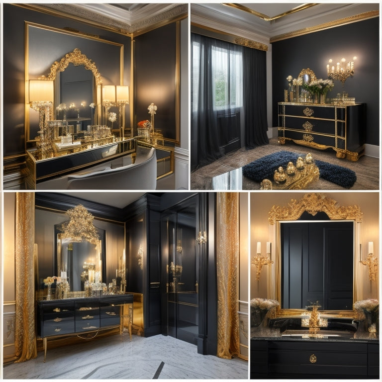 A luxurious, gold-lit makeup studio with sleek, black countertops, adorned with elegant, crystal makeup brushes and gleaming, high-end beauty products, surrounded by floor-to-ceiling mirrors and plush, velvet drapes.