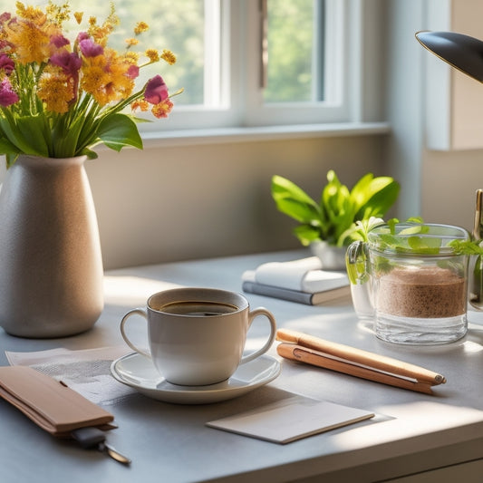 A tidy, modern kitchen counter with a sleek, open planner and a cup of steaming coffee, surrounded by neatly arranged pens, papers, and a few fresh flowers, bathed in warm, natural light.