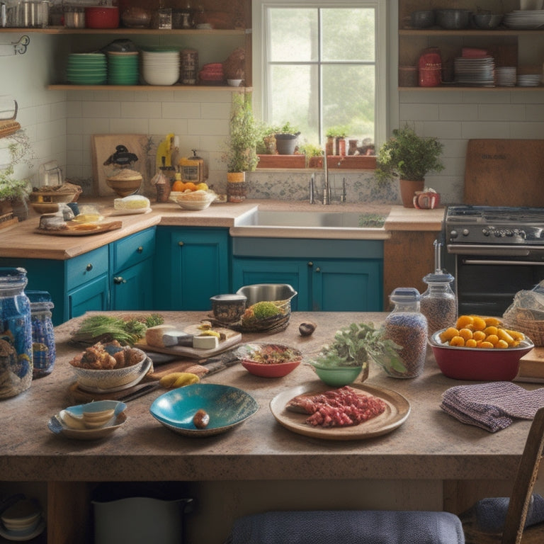 A cluttered kitchen with overflowing countertops, piles of dirty dishes, and a messy island, contrasted with a clean and organized kitchen in the background, with a few cookbooks and a laptop on a tidy counter.