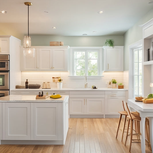 A bright, modern kitchen with sleek, white cabinets, and a large island in the center, featuring a combination of open shelving and closed drawers, surrounded by stylish appliances and countertops.