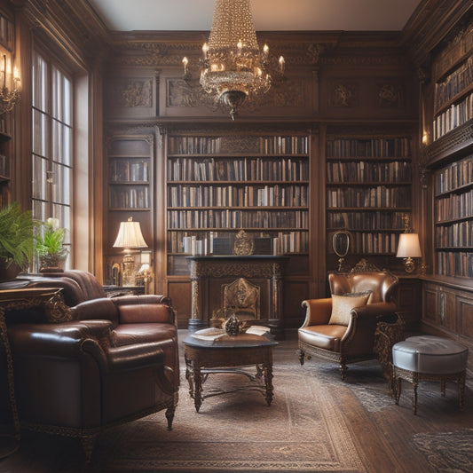 A warm, golden-lit bookstore interior with overflowing bookshelves, comfy armchairs, and a grand wooden counter, adorned with a sparkling crown and a subtle PW logo in the corner.