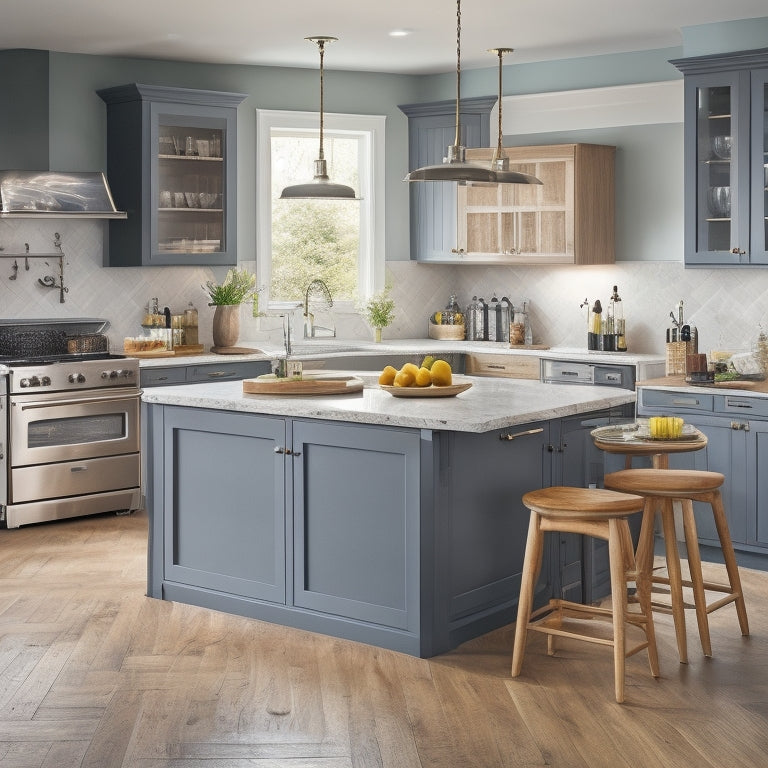 A bright, modern kitchen with a large, L-shaped DIY island in the center, featuring a butcher-block countertop, metal legs, and built-in wine rack and cabinets.