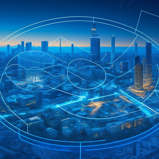 A stylized illustration depicting a mind map with interconnected circles, arrows, and nodes in shades of blue, surrounded by faint images of buildings, factories, and financial charts in the background.