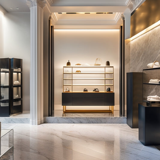 A sleek, modern Italian boutique interior with marble floors, minimalist shelves, and dramatic lighting, showcasing luxury fashion items and accessories from various high-end brands.