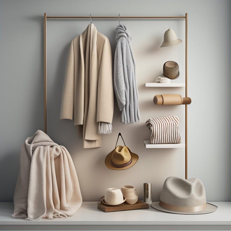 A minimalist illustration of a stylish clothing rack against a neutral background, with a few trendy garments and scarves draped artfully, and a few accessories like hats and bags scattered around.